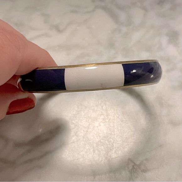 Vintage Enamel Navy Blue and White Brass Bangle Bracelet - Picture 1 of 2